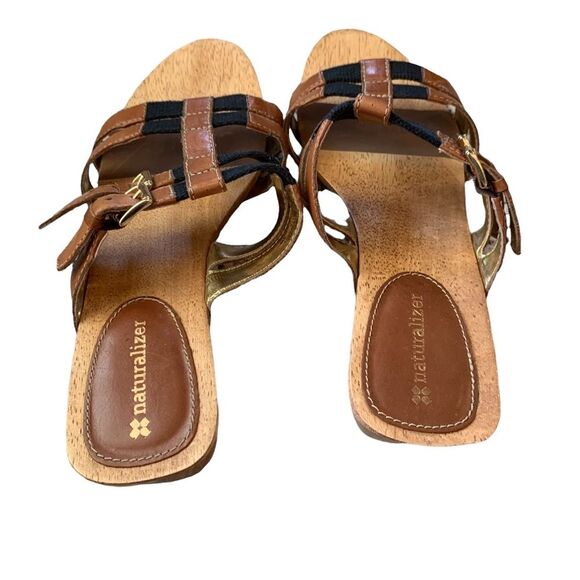 Naturalizer Brown Black Athina Sandals Wooden Slip On Heeled Shoes Size 9W - Picture 5 of 10